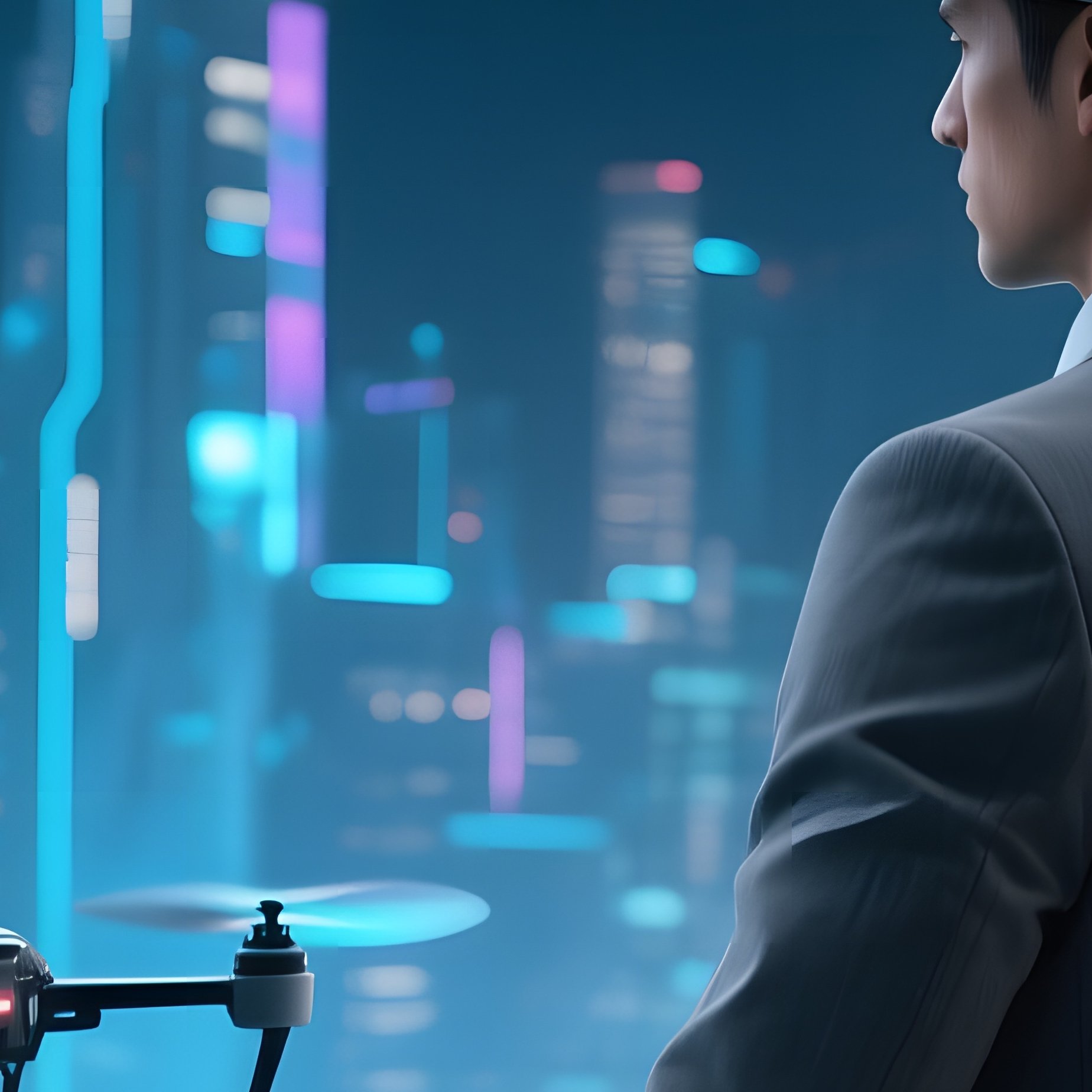 Businessman In Gray Fedora On Glass Balcony Overlooking Futuristic City At Night - Full Resolution Quality Preview