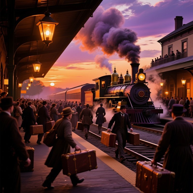Bustling 19Th Century American Railroad Station At Dusk