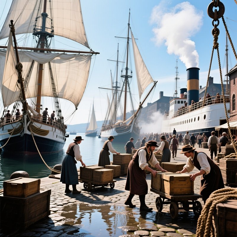 Bustling 19Th Century Harbor Midday