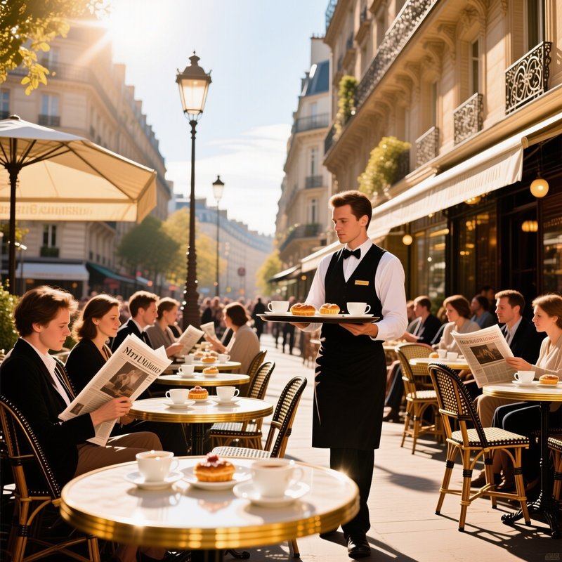 Bustling 19Th Century Parisian Cafe Terrace Midday