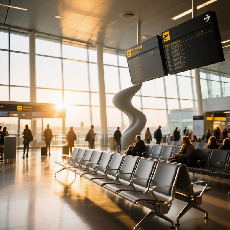 Bustling Airport Terminal Daylight Metal Chairs Clay Departure Boards Sunlight Glass Windows