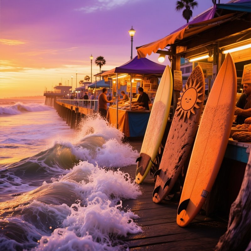 Bustling Beach Boardwalk At Sunset With Clay Surfboards And Sculpted Waves