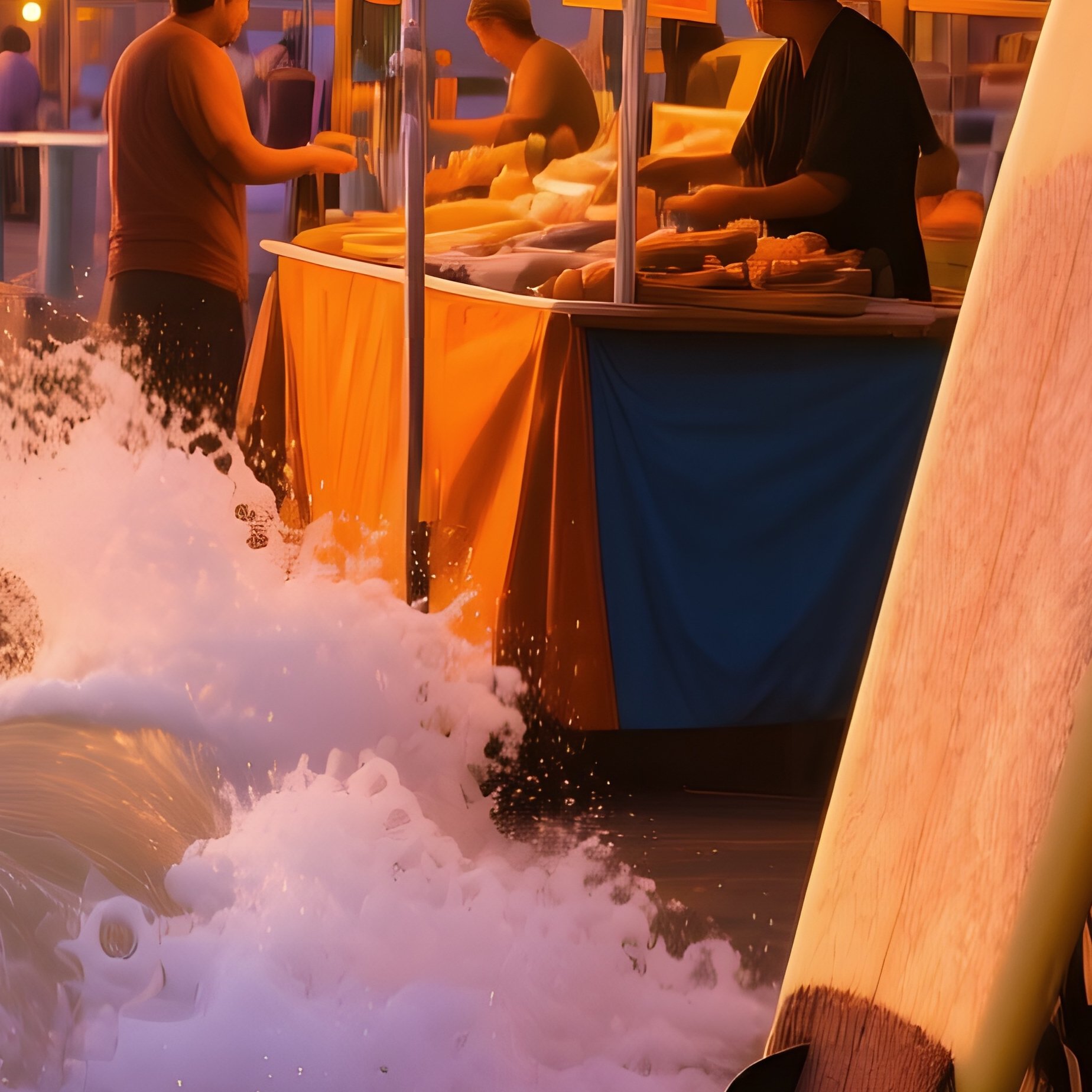 Bustling Beach Boardwalk At Sunset With Clay Surfboards And Sculpted Waves - Full Resolution Quality Preview