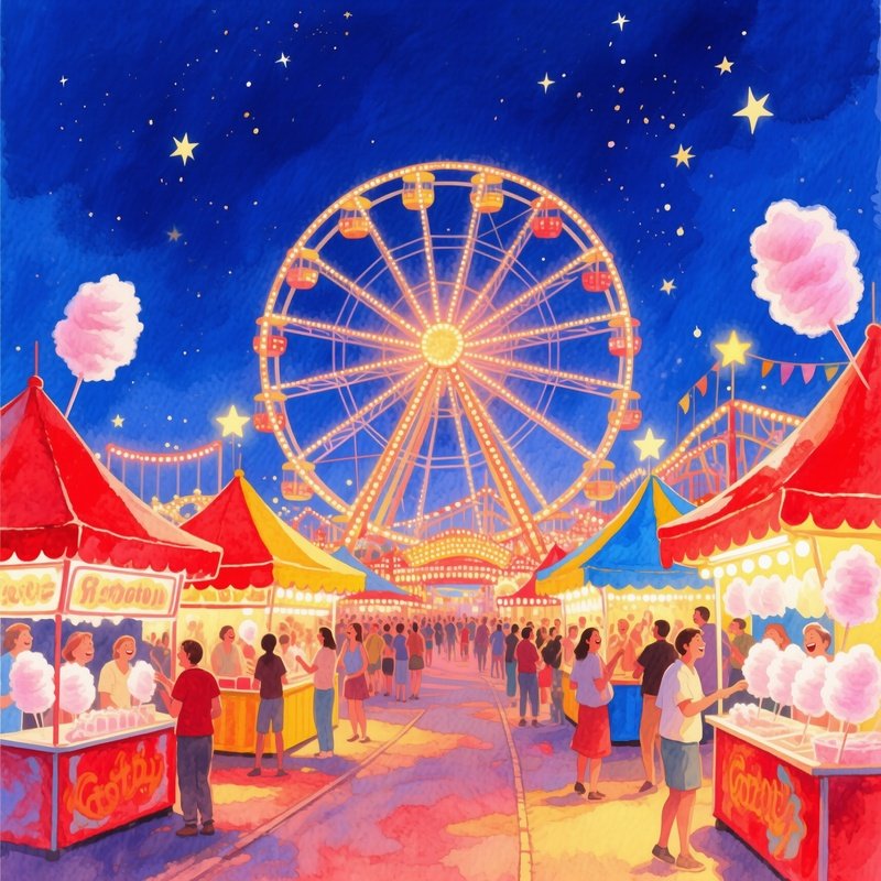 Bustling Carnival Midway Ferris Wheel Illuminated Cotton Candy Stalls Watercolor Reds Yellows Blues