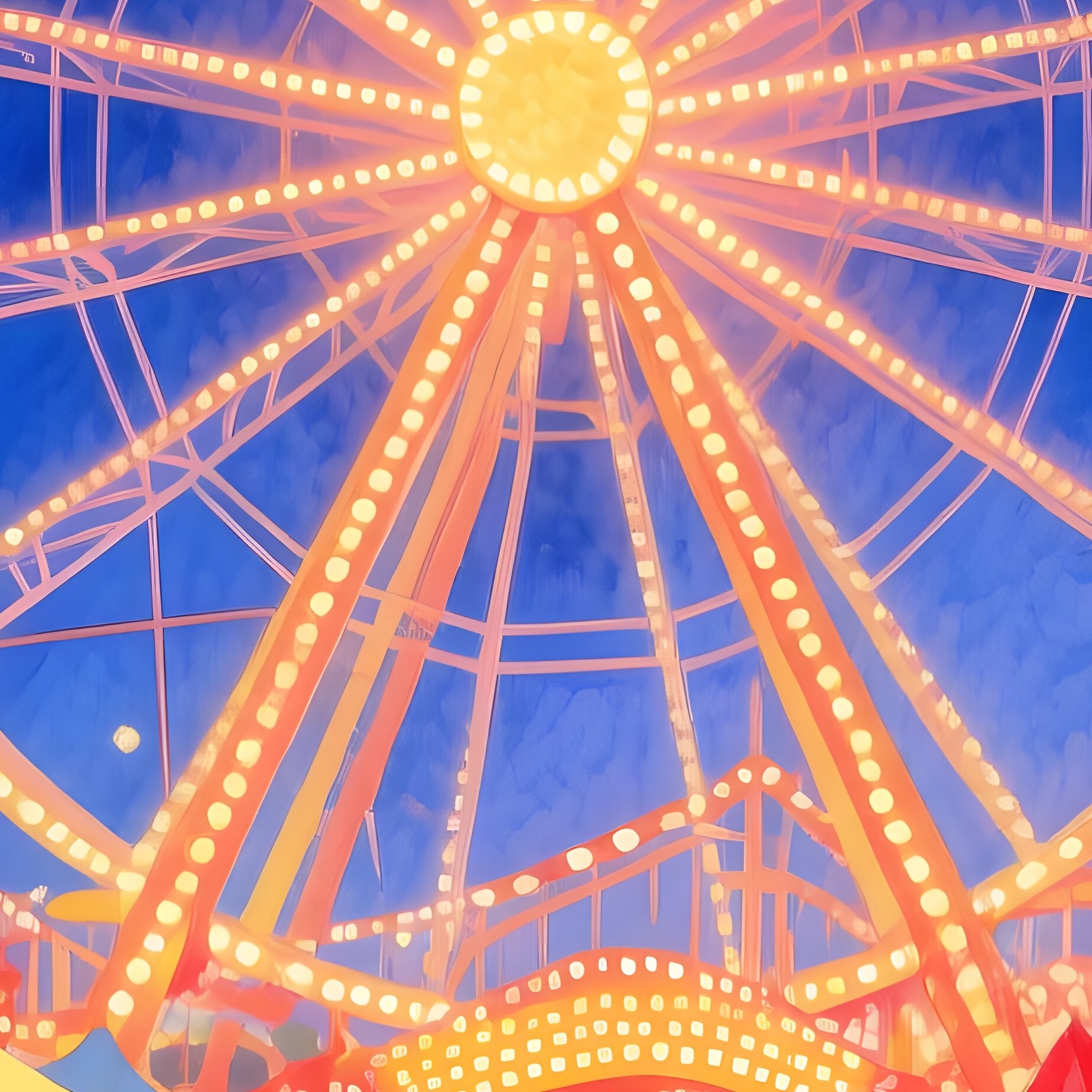 Bustling Carnival Midway Ferris Wheel Illuminated Cotton Candy Stalls Watercolor Reds Yellows Blues - Full Resolution Quality Preview