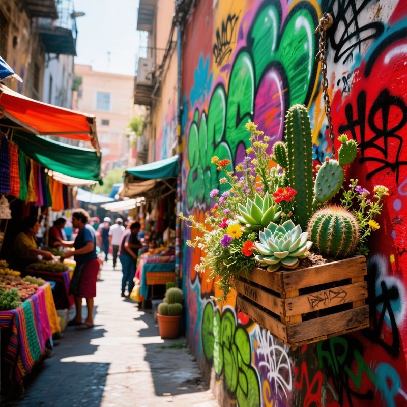 Bustling City Farmers Market Alleyway Graffiti Succulents