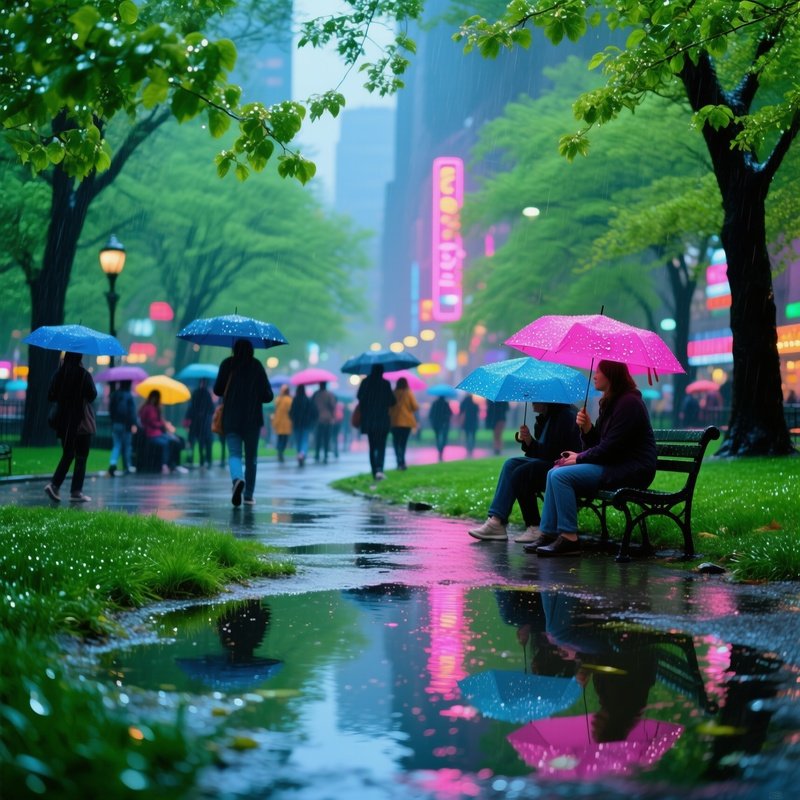 Bustling City Park Spring Rain Shower