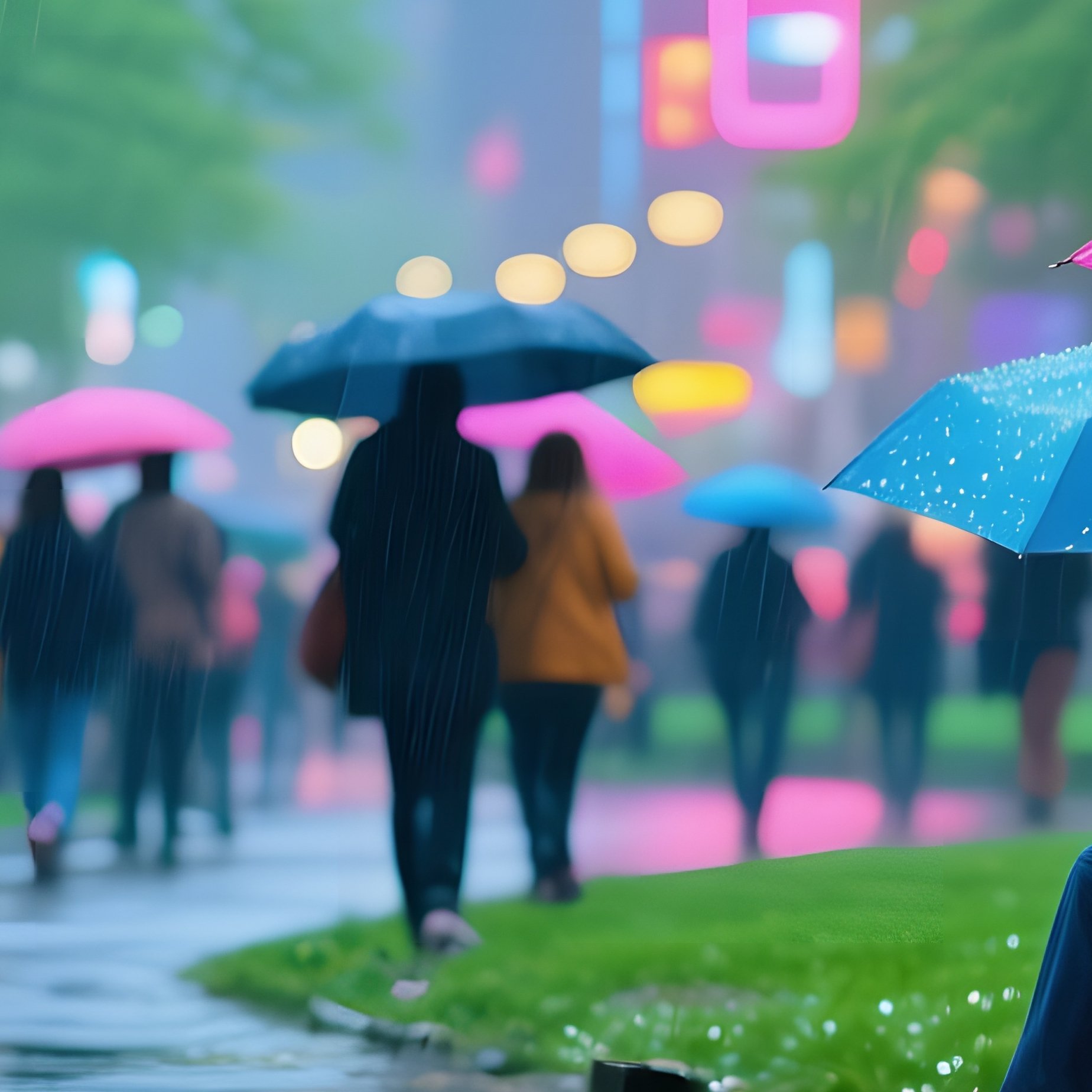 Bustling City Park Spring Rain Shower - Full Resolution Quality Preview