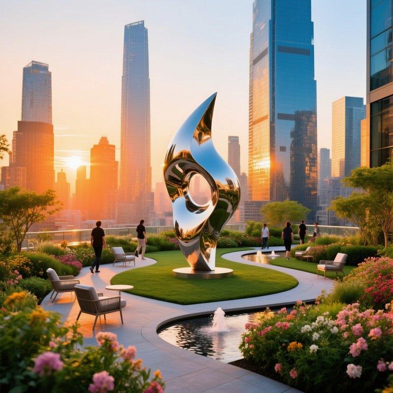 Bustling City Rooftop Garden With Sleek Stainless Steel Abstract Sculpture