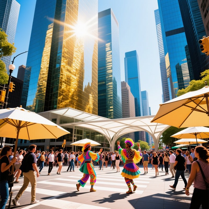Bustling City Square Midday Glass Skyscrapers Street Performers Modern Umbrellas