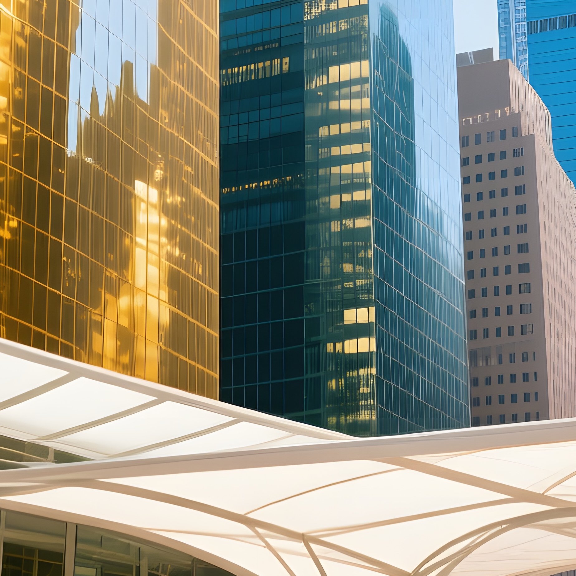 Bustling City Square Midday Glass Skyscrapers Street Performers Modern Umbrellas - Full Resolution Quality Preview