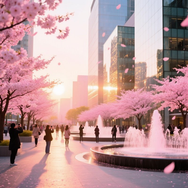 Bustling City Square Spring Sunrise Cherry Blossoms Fountains Glass Facades