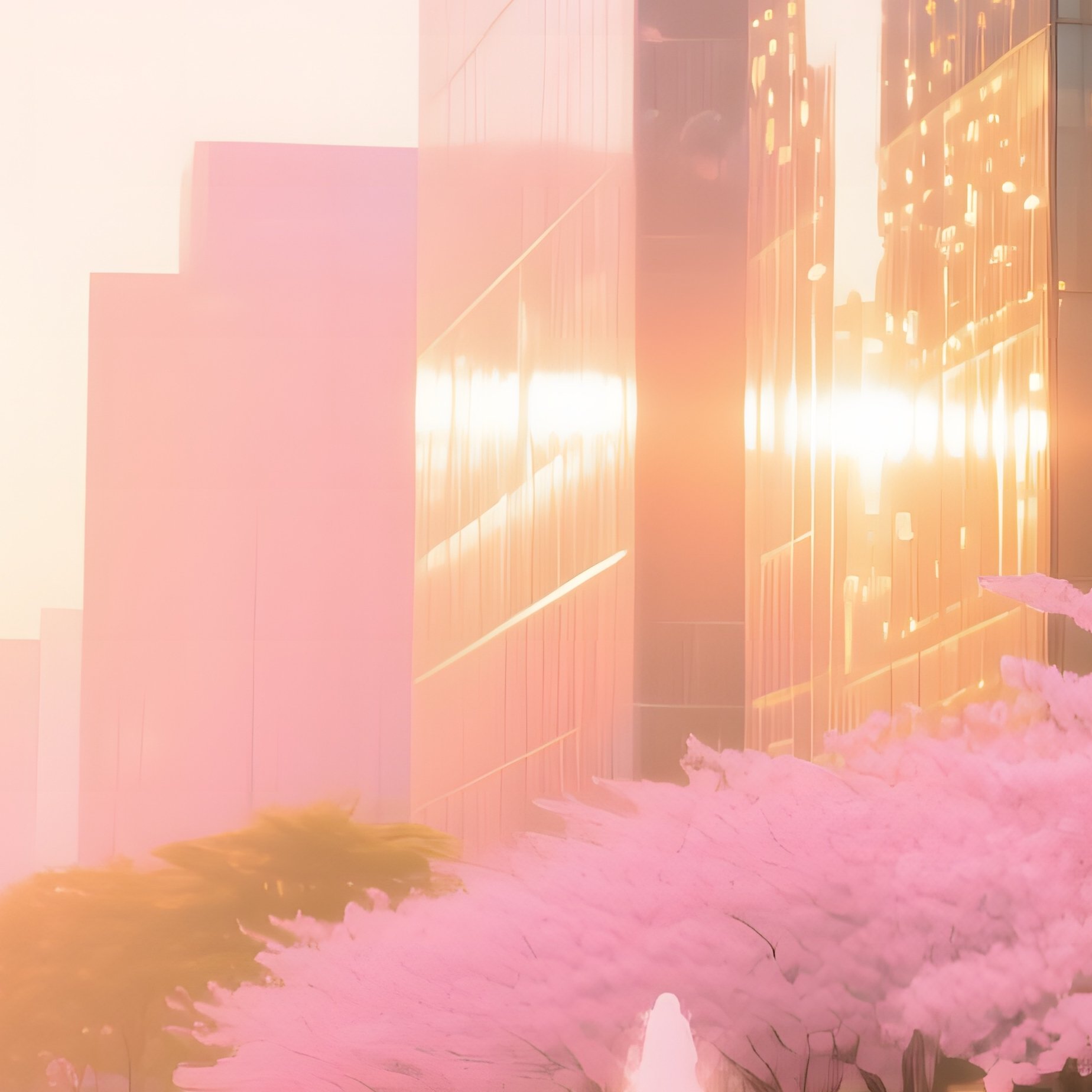 Bustling City Square Spring Sunrise Cherry Blossoms Fountains Glass Facades - Full Resolution Quality Preview