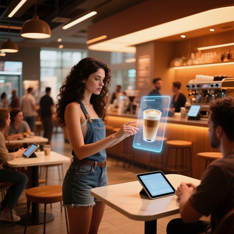 Bustling Coffee Shop With Smart Tables And Hologram Barista
