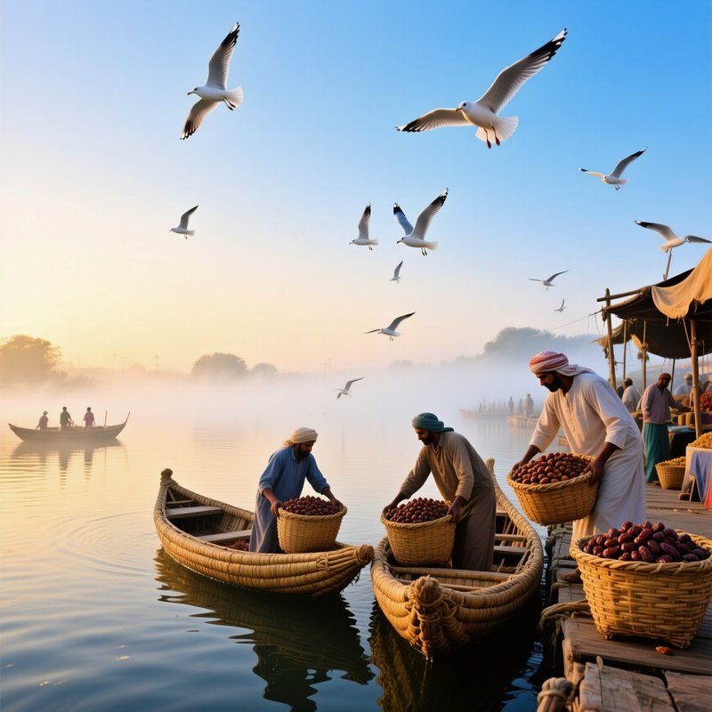 Bustling Dockside At Dawn Dates Reed Boats Gulls Mist
