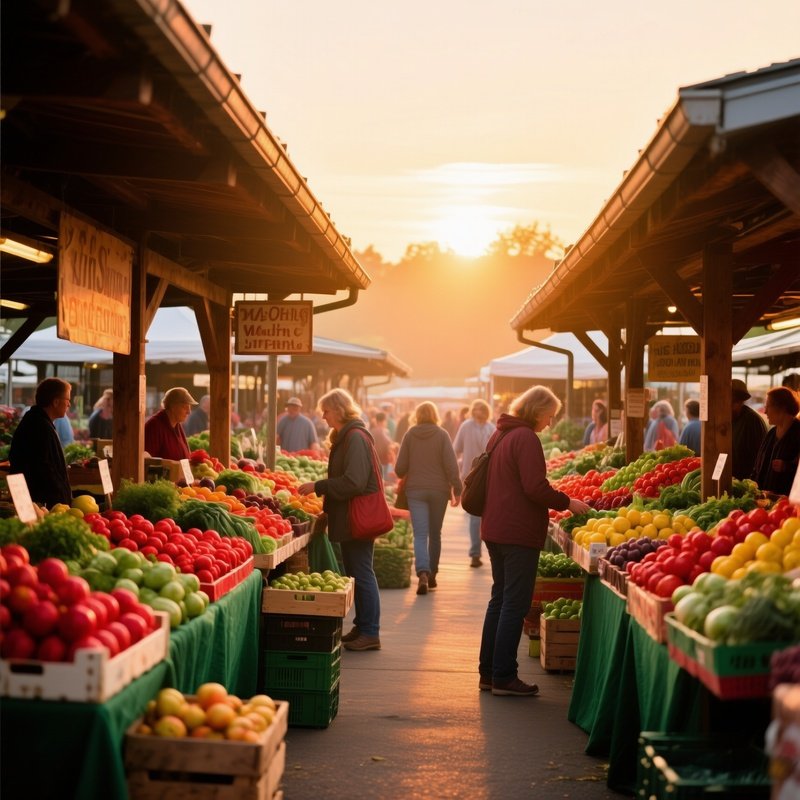 Bustling Farmers Market At Sunrise