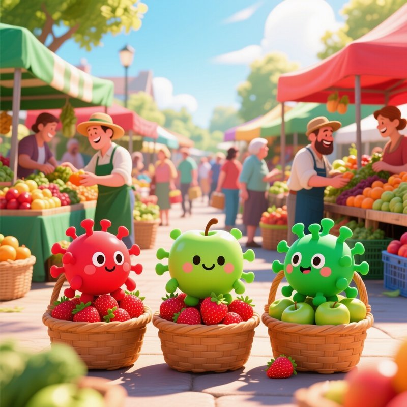 Bustling Farmers Market Cartoon Viruses On Fruit