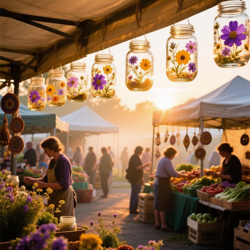 Bustling Farmers Market Early Morning Wildflower Jars