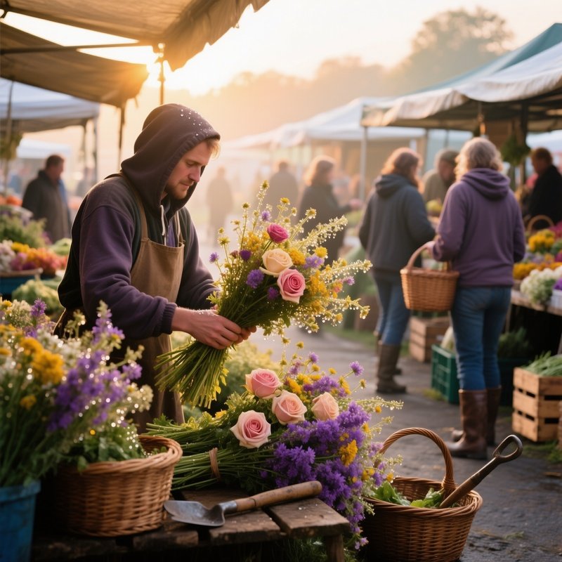 Bustling Farmers Market Early Morning Wildflowers Dew
