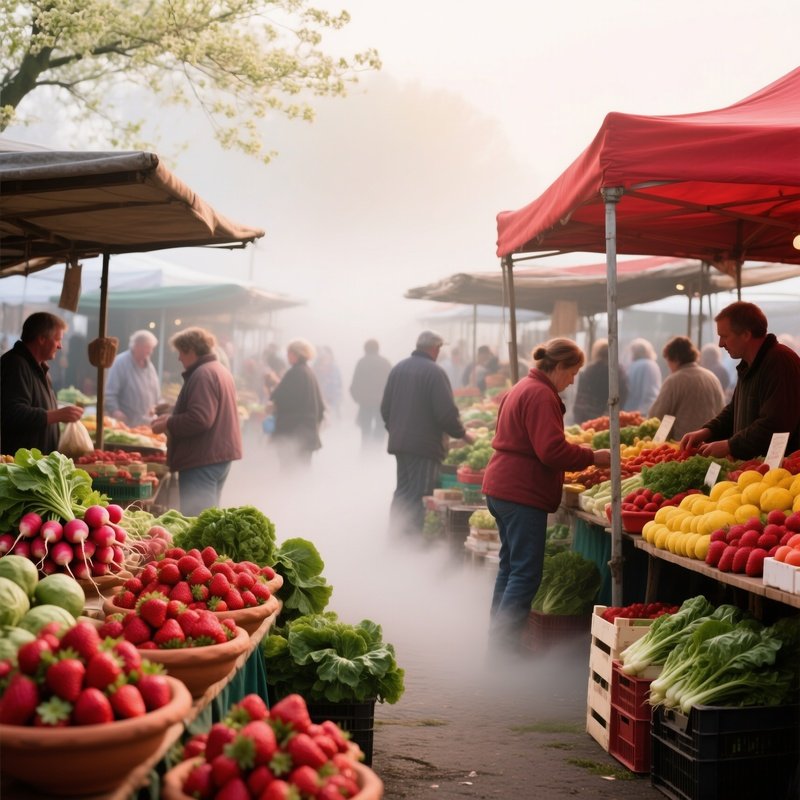 Bustling Farmers Market Early Spring Mist