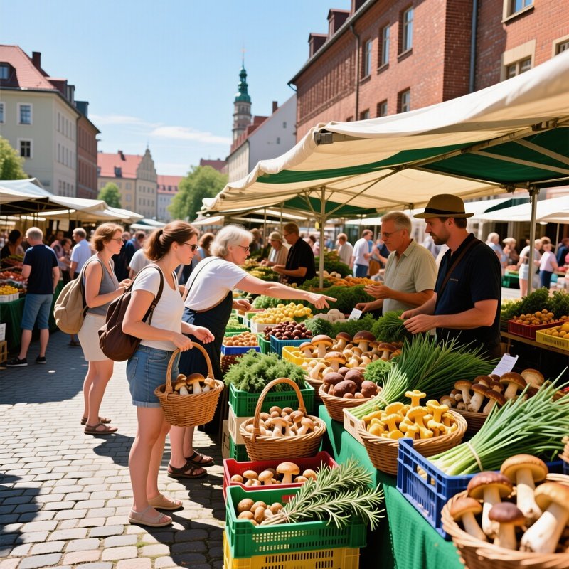 Bustling Farmers Market Leipzig Mushrooms Herbs