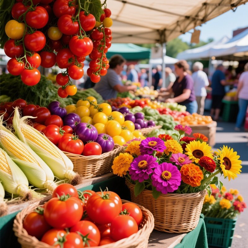 Bustling Farmers Market Stall With Heirloom Tomatoes Corn Husks And Flowers