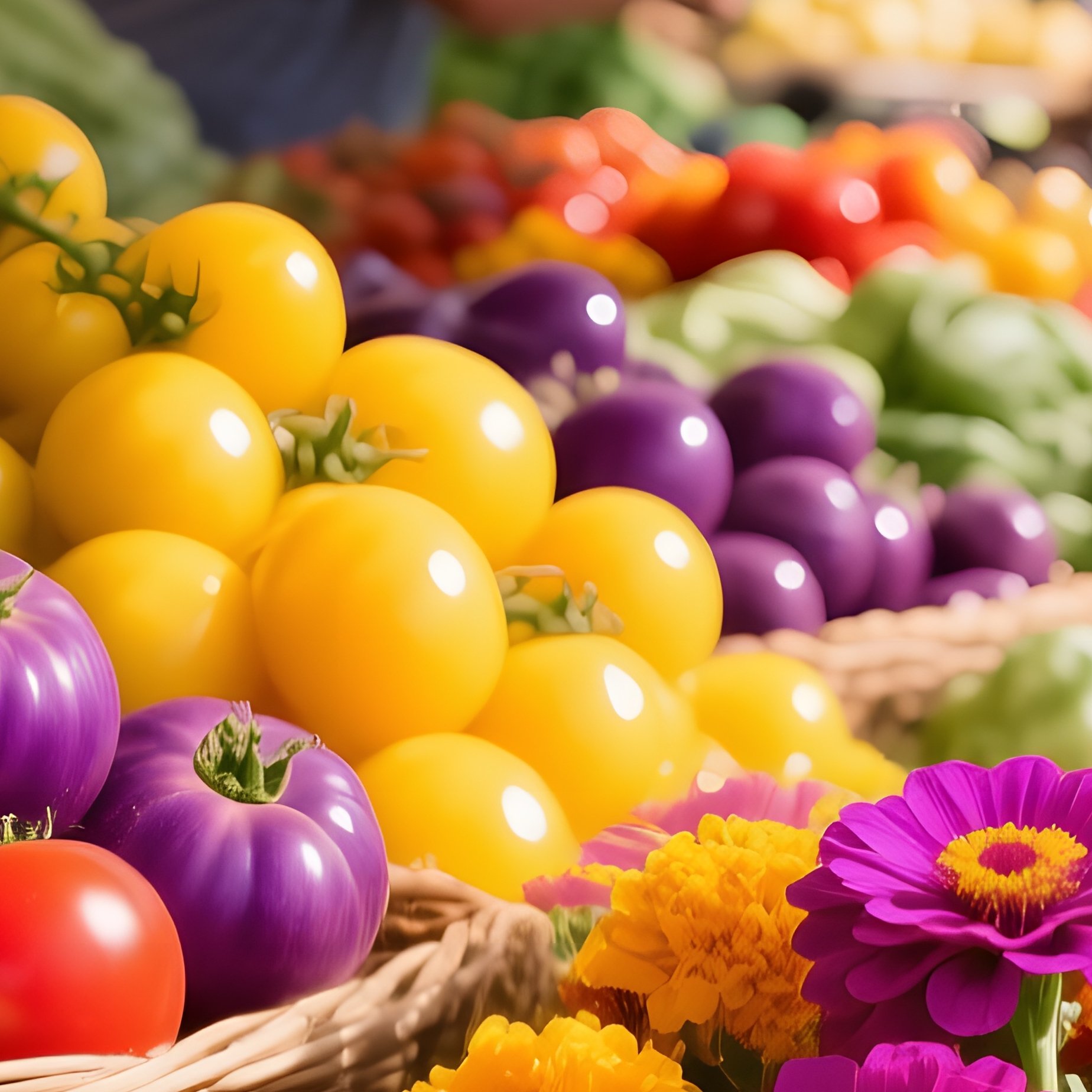 Bustling Farmers Market Stall With Heirloom Tomatoes Corn Husks And Flowers - Full Resolution Quality Preview