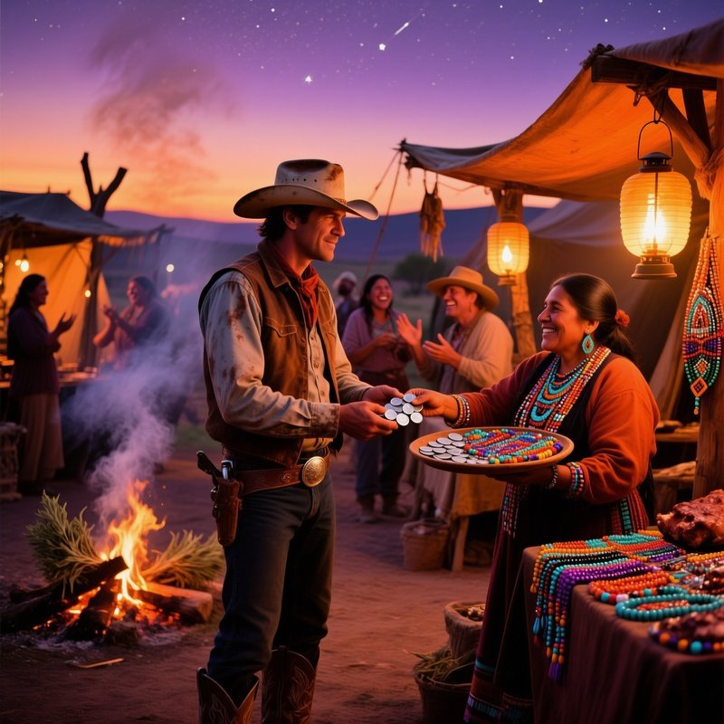 Bustling Frontier Trading Post At Dusk