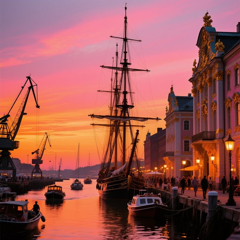 Bustling Harbor At Sunset With Silhouetted Masts And Baroque Warehouses