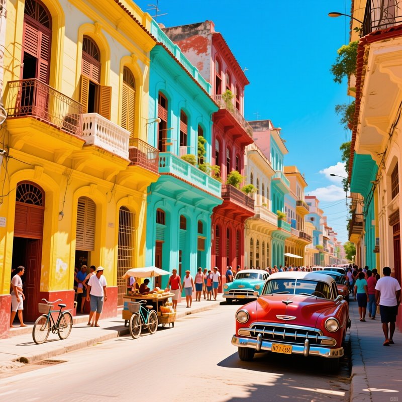 Bustling Havana Street Classic Cars Pastel Houses Vibrant Colors