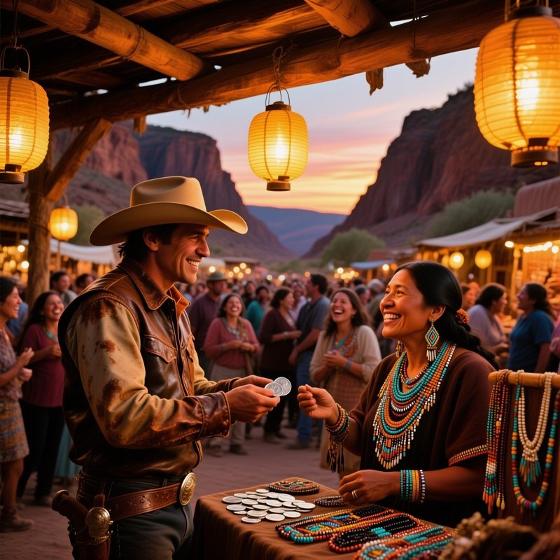 Bustling Market At Dusk In A Canyon Town