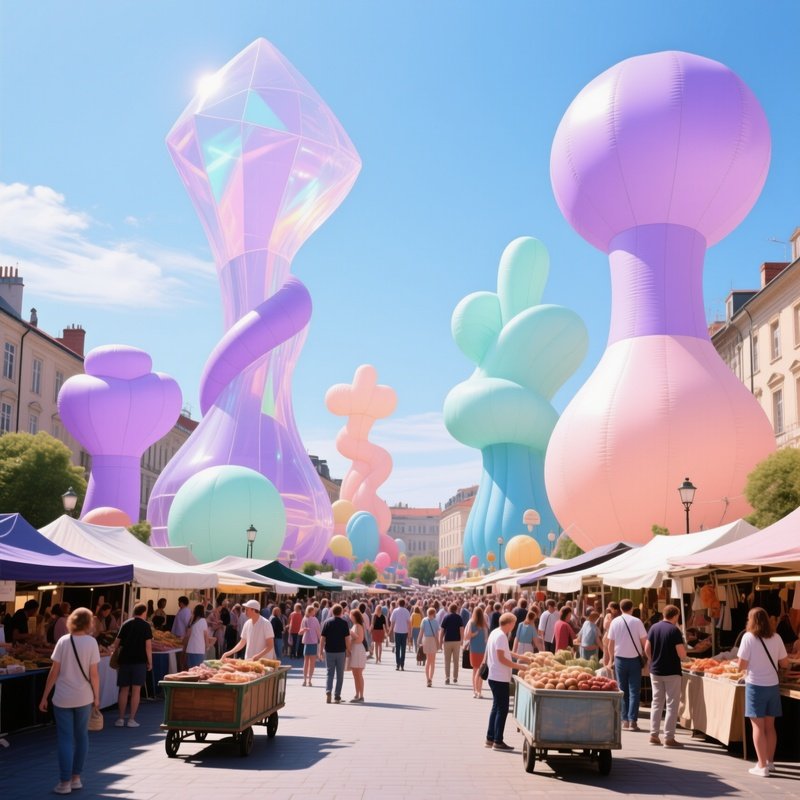 Bustling Market Square With Inflatable Sculptures