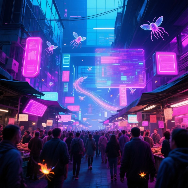 Bustling Market Street Cyber City Neon Stalls Data Parasites Fireflies