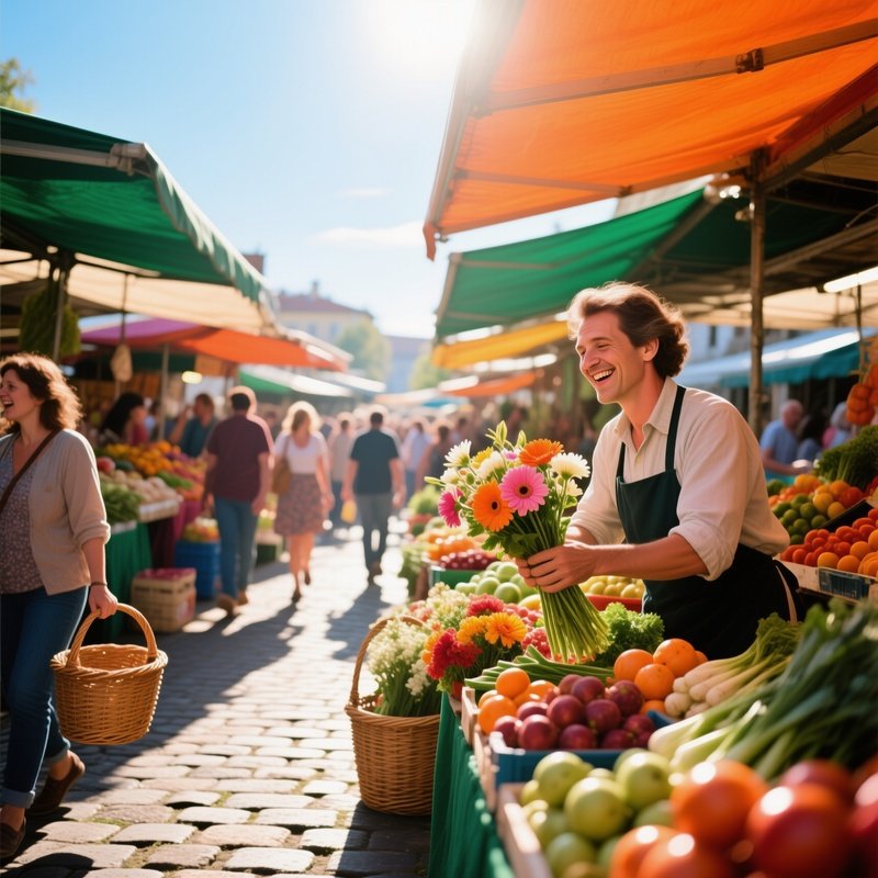 Bustling Morning Market With Vibrant Stands Under Clear Sky