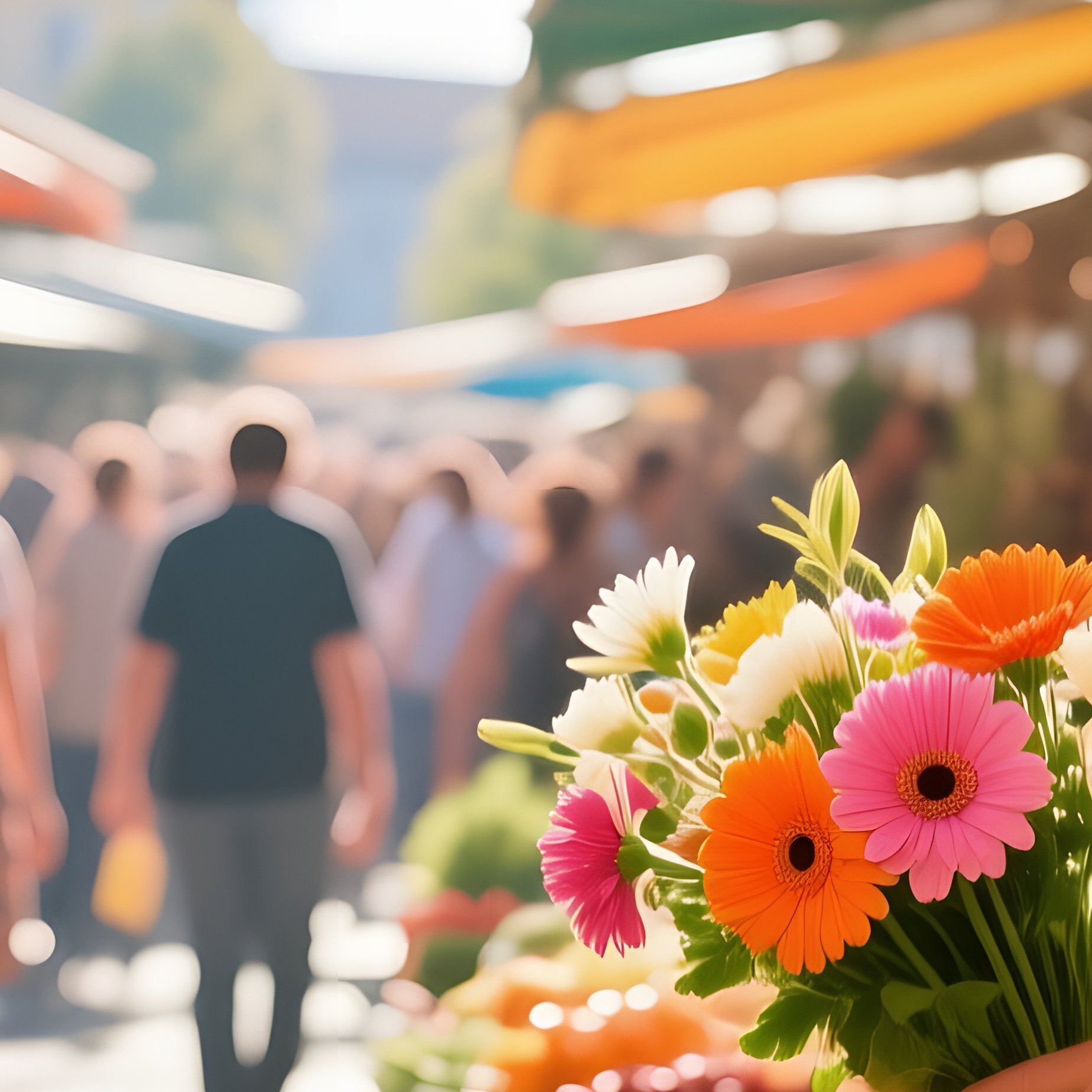 Bustling Morning Market With Vibrant Stands Under Clear Sky - Full Resolution Quality Preview