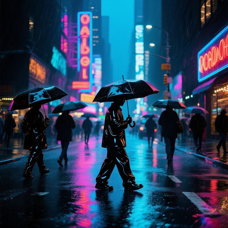 Bustling New York Street In Rain Reflections Black Umbrellas Neon