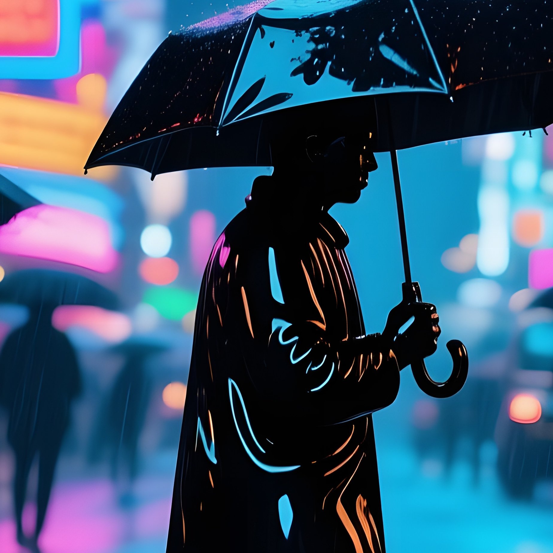 Bustling New York Street In Rain Reflections Black Umbrellas Neon - Full Resolution Quality Preview