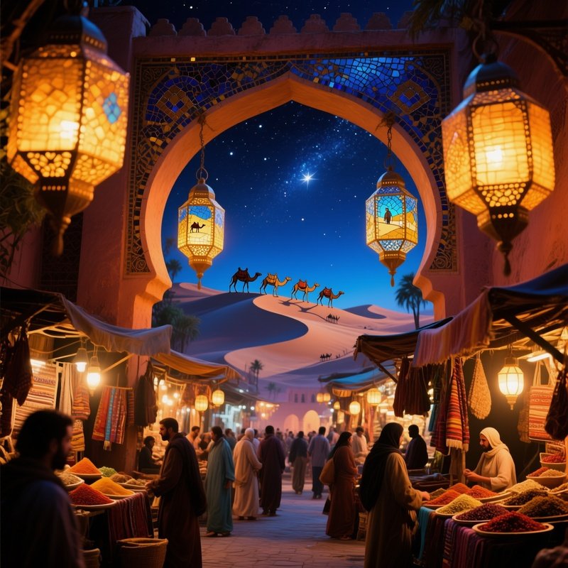 Bustling Night Bazaar Marrakech Lanterns Caravans