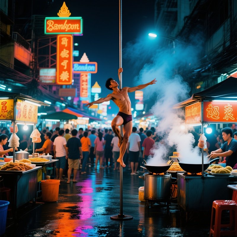 Bustling Night Market Bangkok Naked Performer Pole