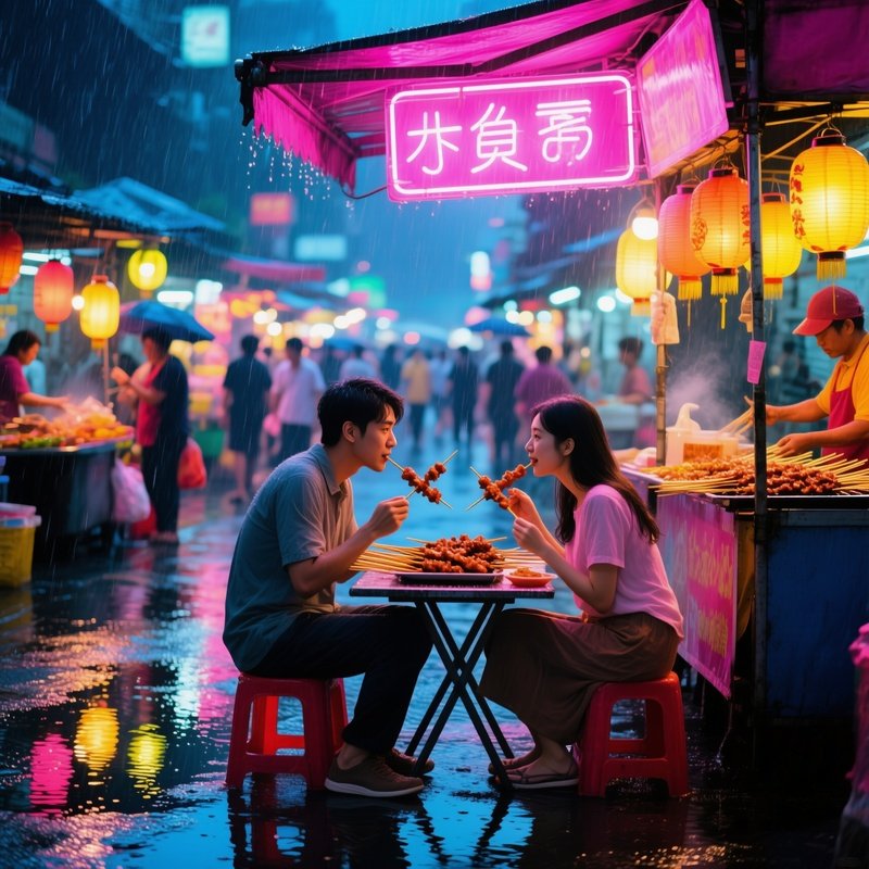 Bustling Night Market Bangkok Neon Rain Satay Couple