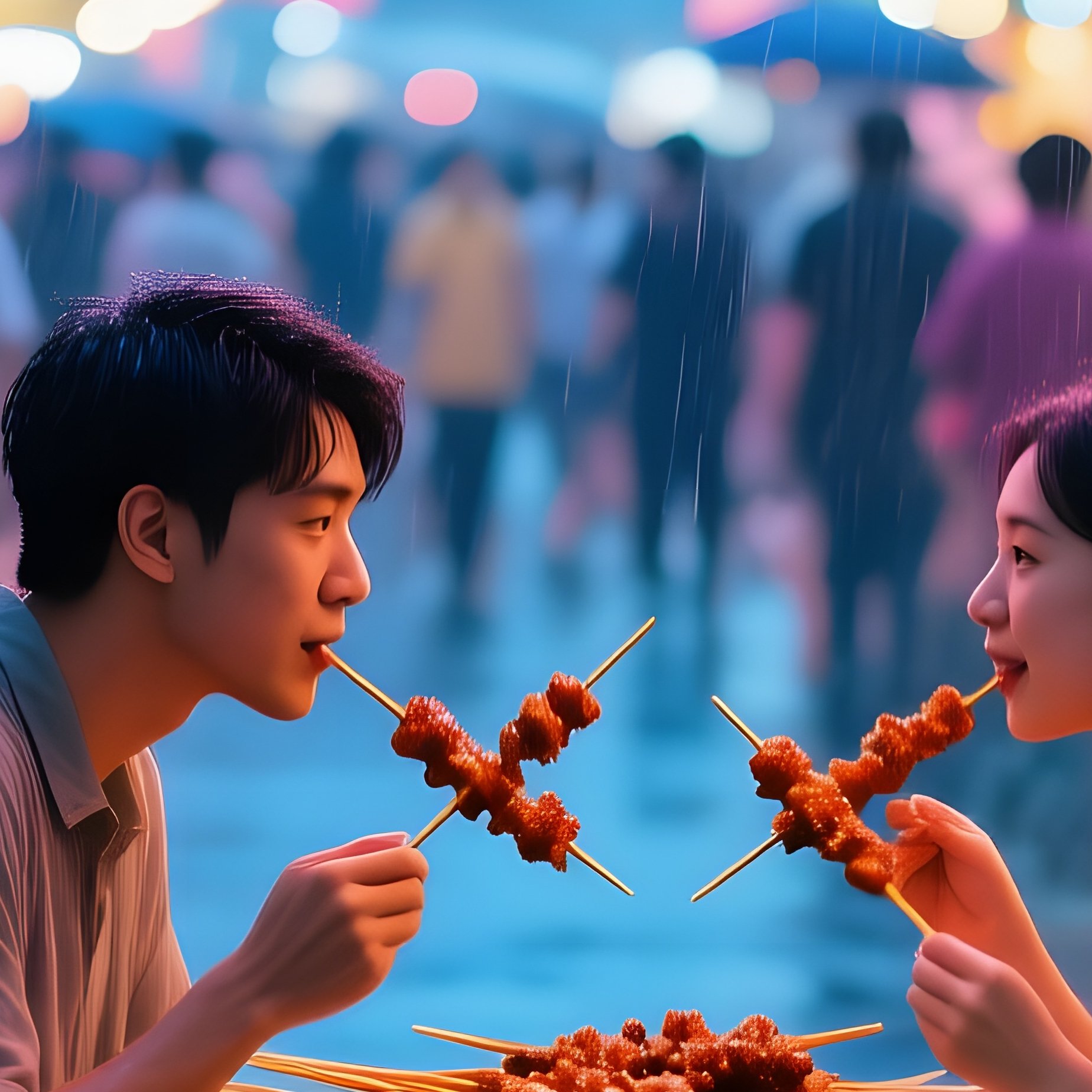 Bustling Night Market Bangkok Neon Rain Satay Couple - Full Resolution Quality Preview