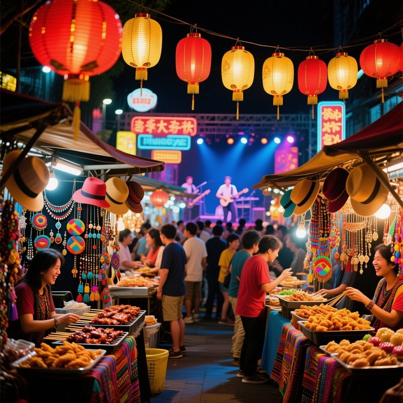 Bustling Night Market Lanterns Neon Stalls