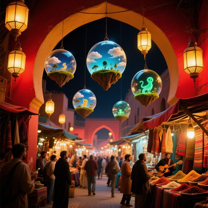 Bustling Night Market Marrakech Lanterns Glass Orbs Surreal