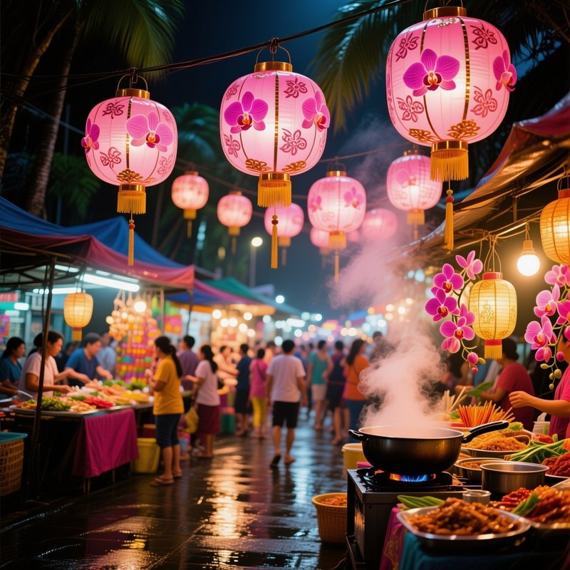 Bustling Night Market Southeast Asia Glass Lanterns Orchid