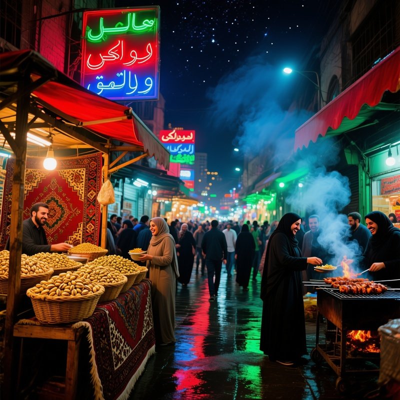 Bustling Night Market Tehran Neon Stalls Pistachios Carpets Kebabs Starry Sky