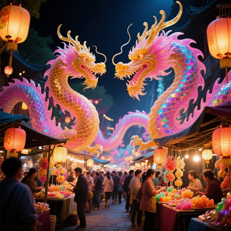 Bustling Night Market With Sugar Dragons