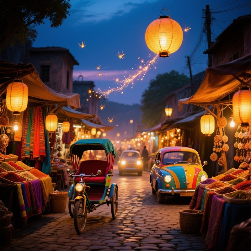 Bustling Open Air Market At Twilight Exotic Bazaar