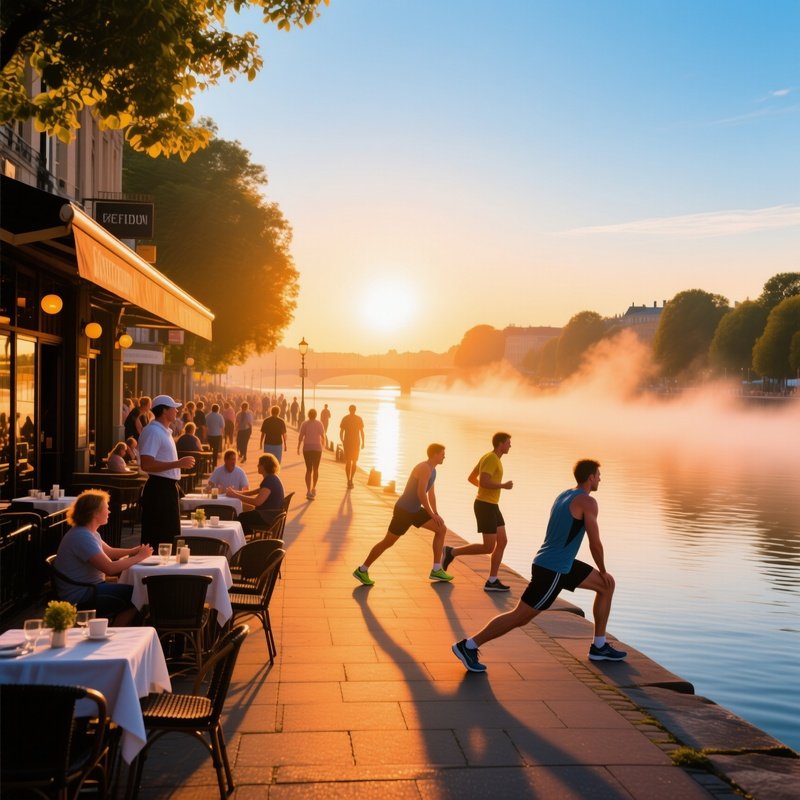 Bustling Riverfront Promenade At Sunrise Summer