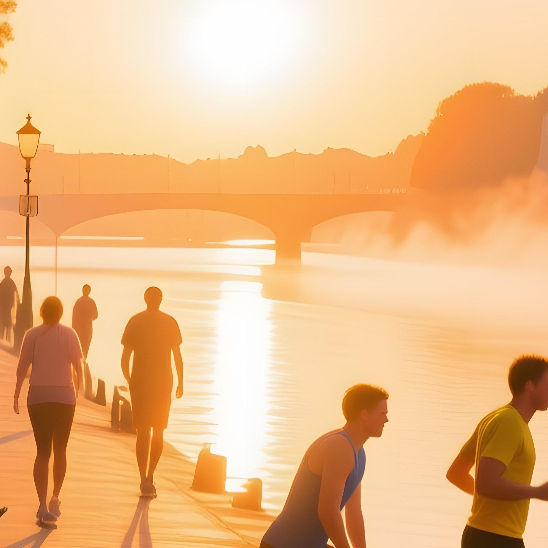 Bustling Riverfront Promenade At Sunrise Summer - Full Resolution Quality Preview