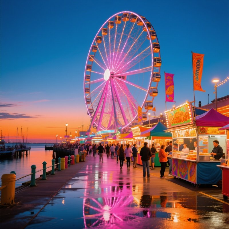 Bustling Seaside Carnival At Twilight